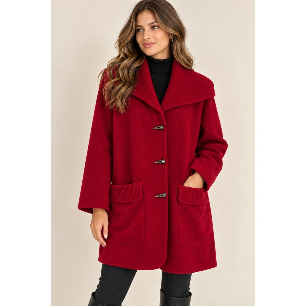 Kate Hill Red 100% Wool Toggle Duffle Coat XL Old Money Heritage